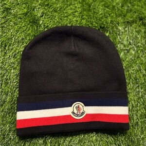 Moncler Black Hat with Red, White, and Blue Stripe